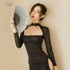 블랙 오리엔탈 슬릿 치파오